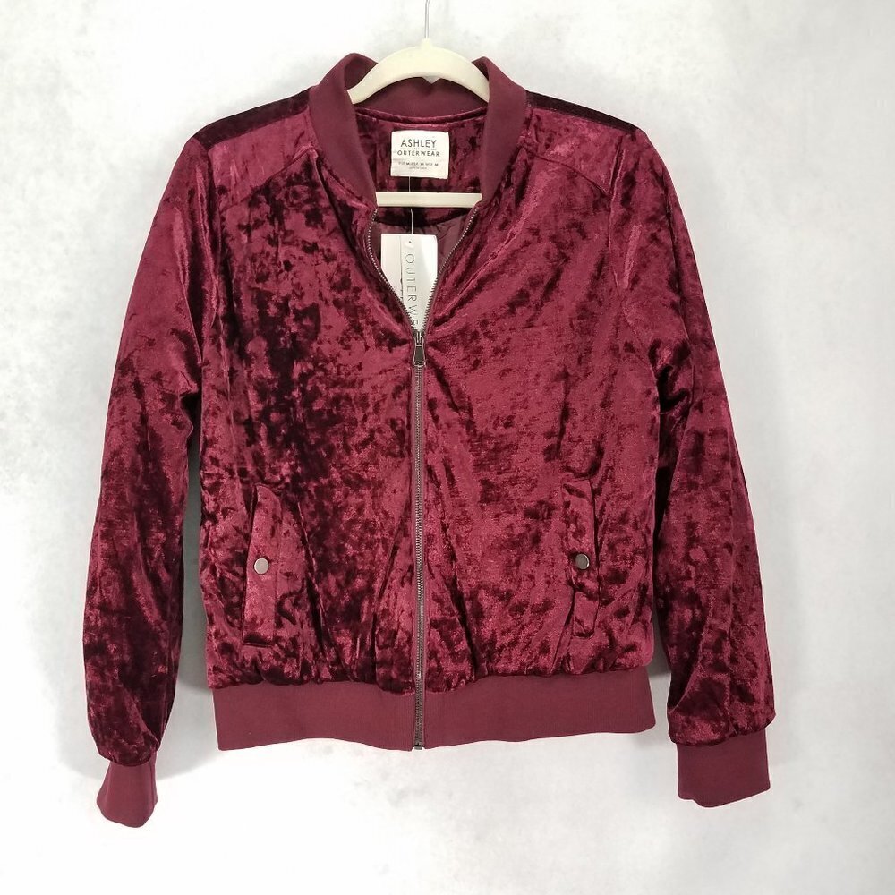 NWT Ashley Outwear Bomber Jacket Crushed Velvet Zip up Burgundy Red Women M Fall